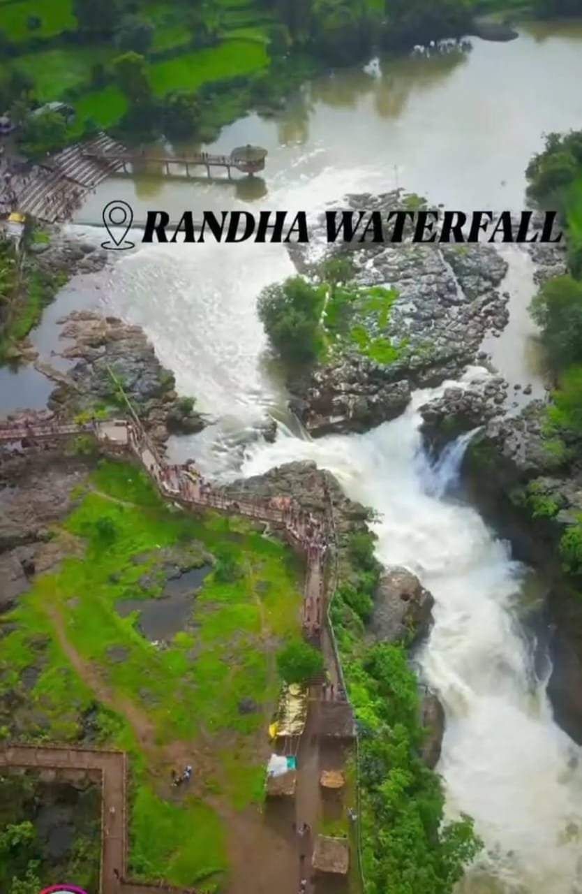 Aerial sunrise view of Randha Waterfall